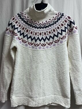 L.L.Bean Fair Isle Sweater Small 100% Cotton Womens Cream/Multi-Color vintage